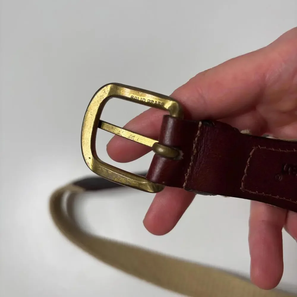 LL Bean Beige & Brown Fabric & Leather Belt Men 40 USA Made Classic Brass Buckle